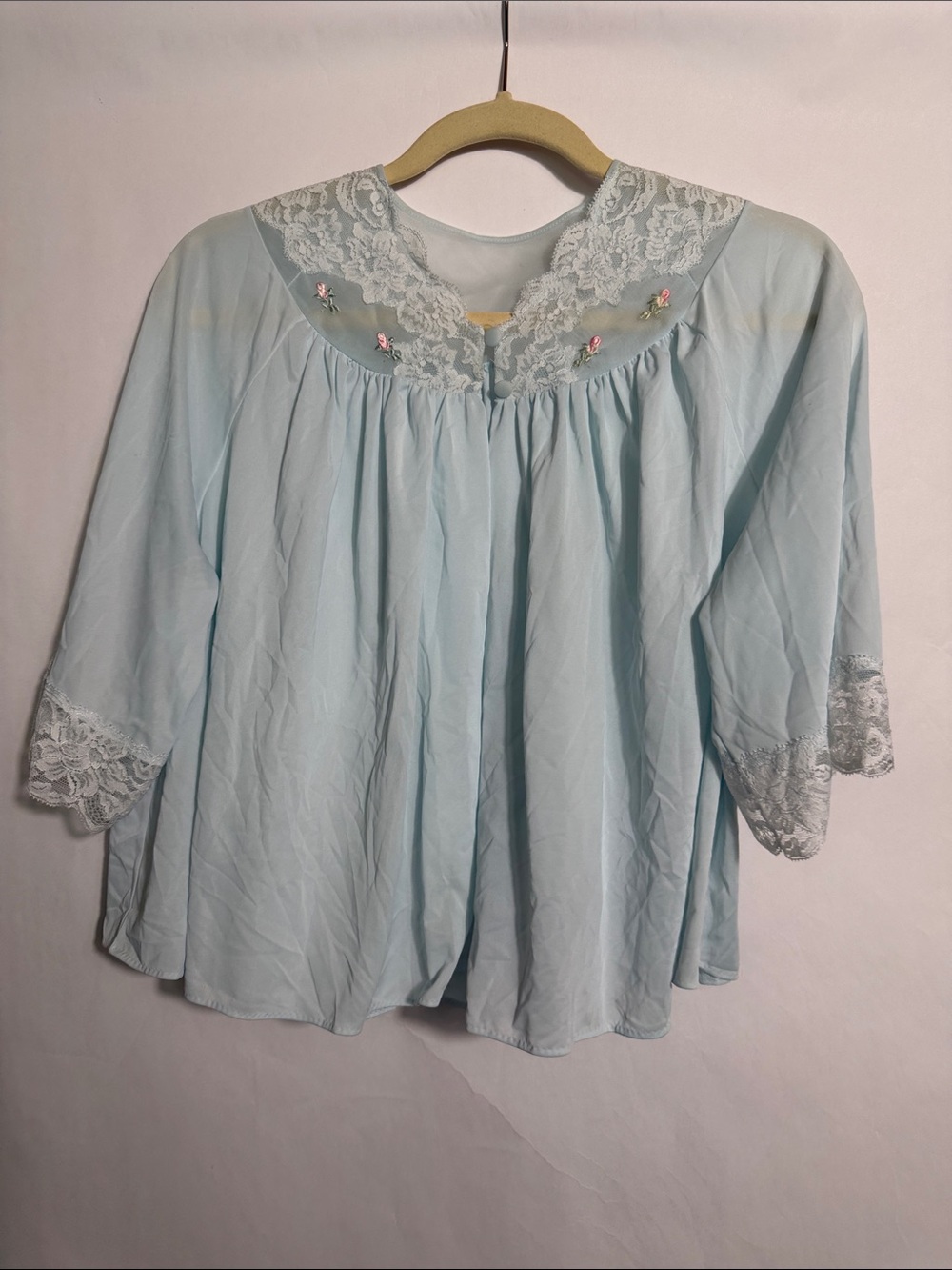 Vintage Shadowline Baby Blue Nylon Bed Jacket Lace Yoke & Cuffs Embroidered M